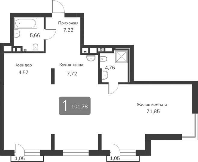 Планировка — Марсель-2, 1-комн., 102 м²