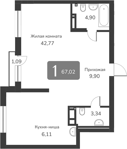 Планировка — Марсель-2, 1-комн., 67 м²