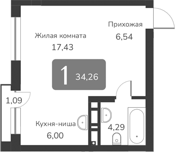 Планировка — Марсель-2, 1-комн., 34 м²