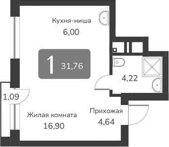 Планировка — Марсель-2, 1-комн., 32 м²