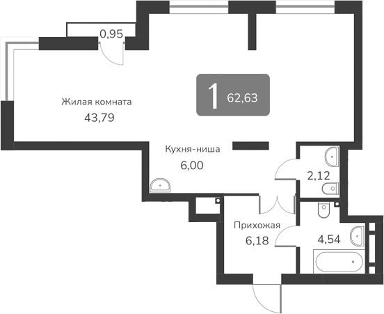 Планировка — Марсель-2, 1-комн., 63 м²