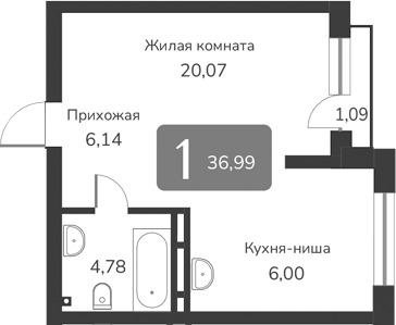Планировка — Марсель-2, 1-комн., 37 м²
