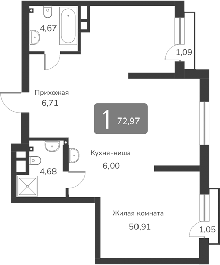 Планировка — Марсель-2, 1-комн., 73 м²