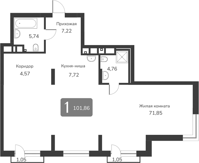 Планировка — Марсель-2, 1-комн., 102 м²