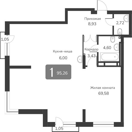 Планировка — Марсель-2, 1-комн., 95 м²