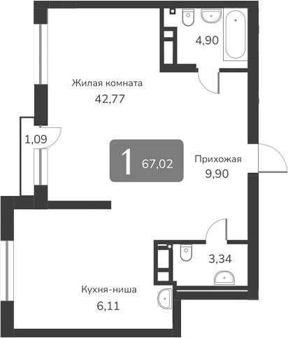 Планировка — Марсель-2, 1-комн., 67 м²
