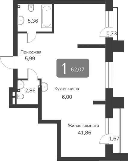 Планировка — Марсель-2, 1-комн., 62 м²