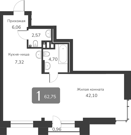 Планировка — Марсель-2, 1-комн., 63 м²