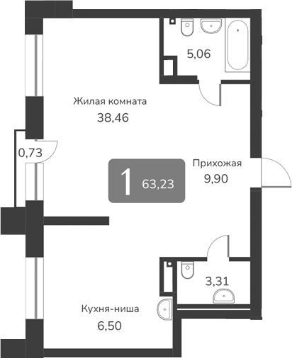 Планировка — Марсель-2, 1-комн., 63 м²