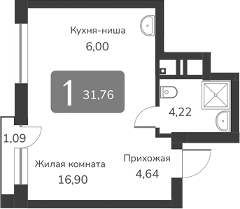Планировка — Марсель-2, 1-комн., 32 м²