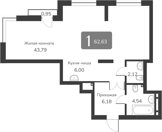 Планировка — Марсель-2, 1-комн., 63 м²