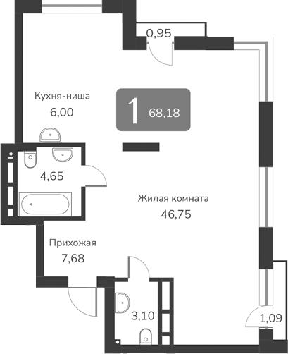 Планировка — Марсель-2, 1-комн., 68 м²