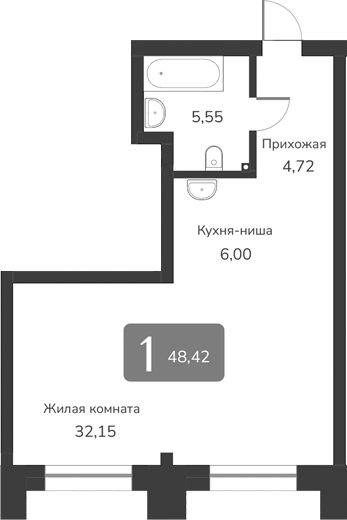 Планировка — Марсель-2, 1-комн., 48 м²