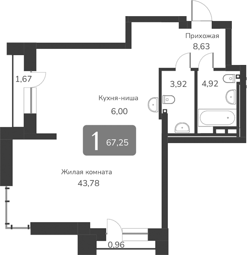 Планировка — Марсель-2, 1-комн., 67 м²