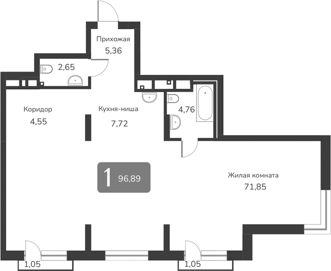 Планировка — Марсель-2, 1-комн., 97 м²