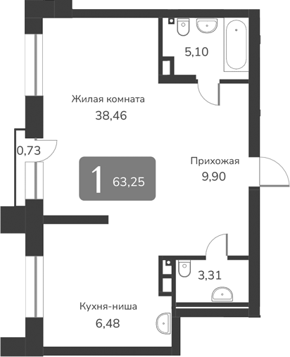 Планировка — Марсель-2, 1-комн., 63 м²