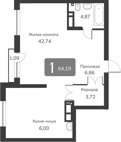 Планировка — Марсель-2, 1-комн., 64 м²
