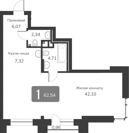 Планировка — Марсель-2, 1-комн., 63 м²