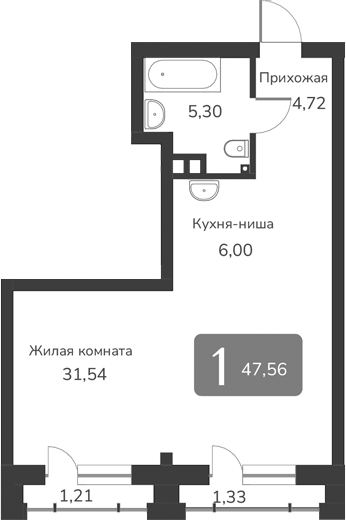 Планировка — Марсель-2, 1-комн., 48 м²