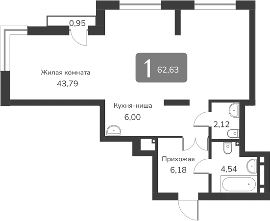 Планировка — Марсель-2, 1-комн., 63 м²