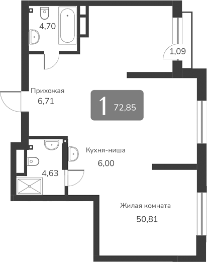 Планировка — Марсель-2, 1-комн., 73 м²