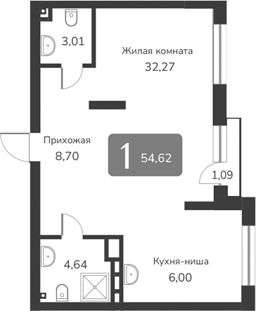 Планировка — Марсель-2, 1-комн., 55 м²