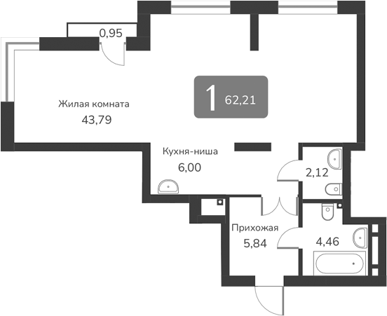 Планировка — Марсель-2, 1-комн., 62 м²
