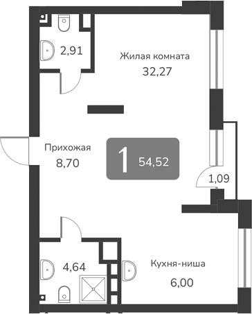 Планировка — Марсель-2, 1-комн., 55 м²