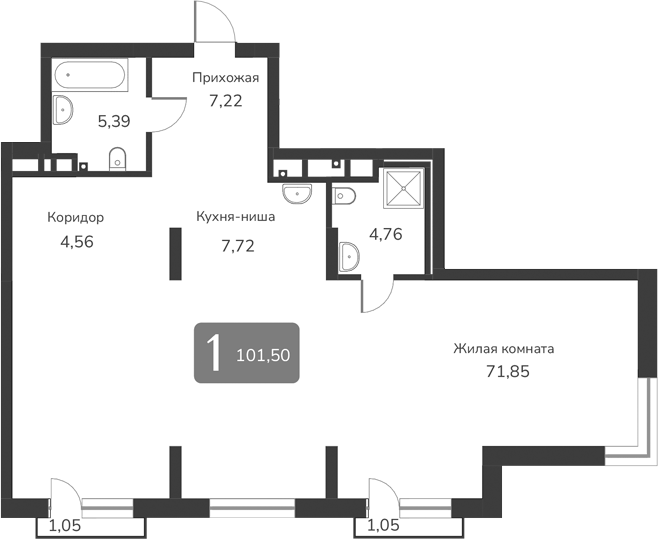 Планировка — Марсель-2, 1-комн., 102 м²