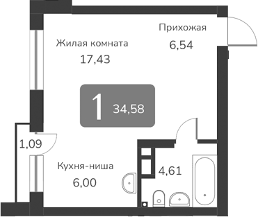 Планировка — Марсель-2, 1-комн., 35 м²
