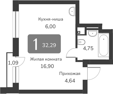 Планировка — Марсель-2, 1-комн., 32 м²