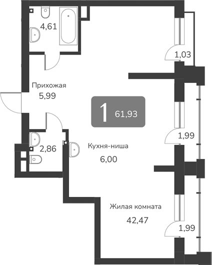 Планировка — Марсель-2, 1-комн., 62 м²