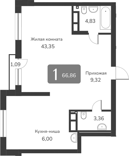 Планировка — Марсель-2, 1-комн., 67 м²