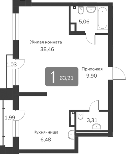 Планировка — Марсель-2, 1-комн., 63 м²