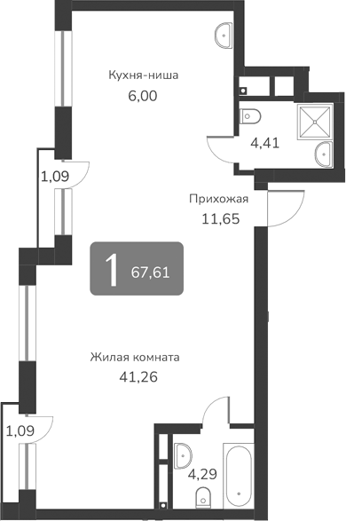 Планировка — Марсель-2, 1-комн., 68 м²