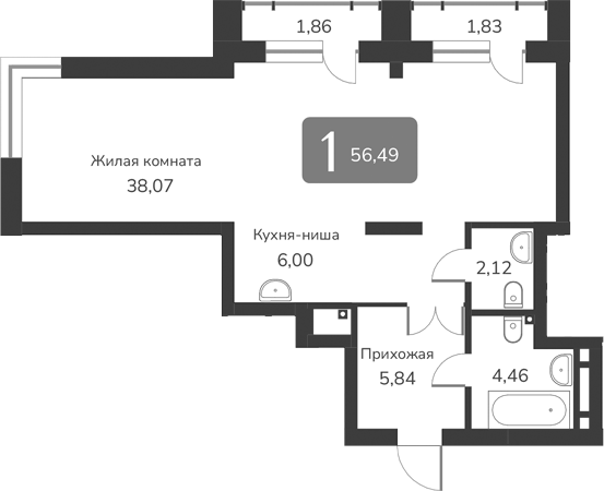 Планировка — Марсель-2, 1-комн., 56 м²