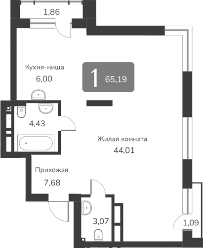 Планировка — Марсель-2, 1-комн., 65 м²