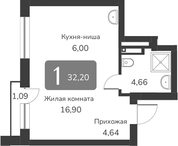 Планировка — Марсель-2, 1-комн., 32 м²
