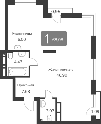 Планировка — Марсель-2, 1-комн., 68 м²