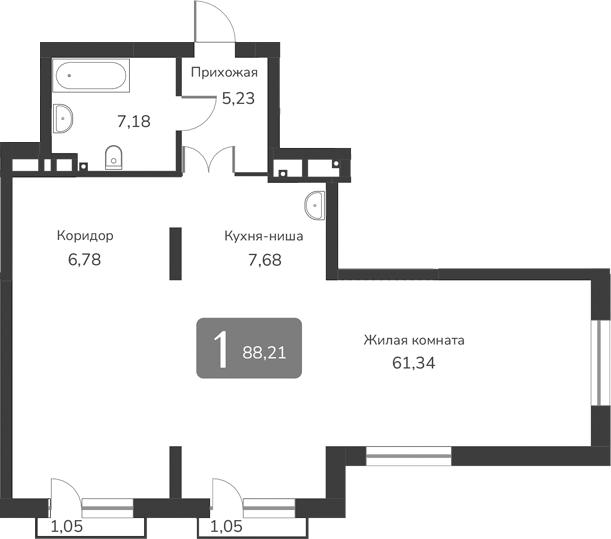 Планировка — Марсель-2, 1-комн., 88 м²