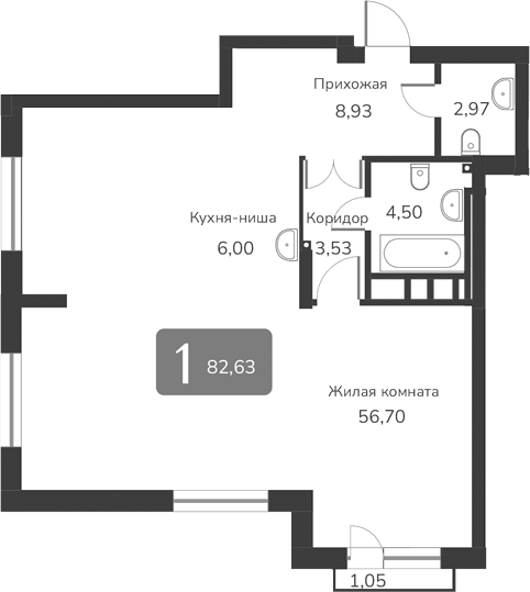 Планировка — Марсель-2, 1-комн., 83 м²