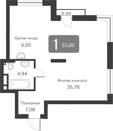 Планировка — Марсель-2, 1-комн., 54 м²