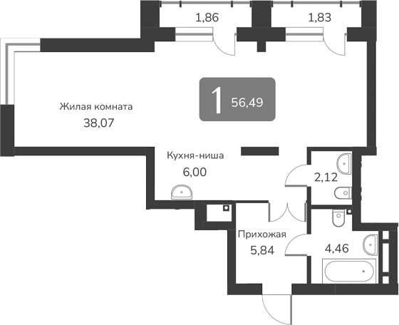 Планировка — Марсель-2, 1-комн., 56 м²