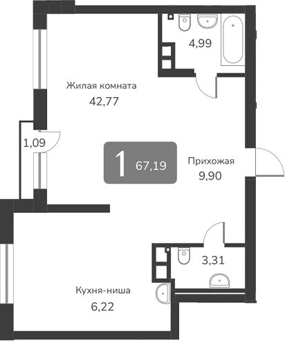 Планировка — Марсель-2, 1-комн., 67 м²