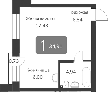 Планировка — Марсель-2, 1-комн., 35 м²