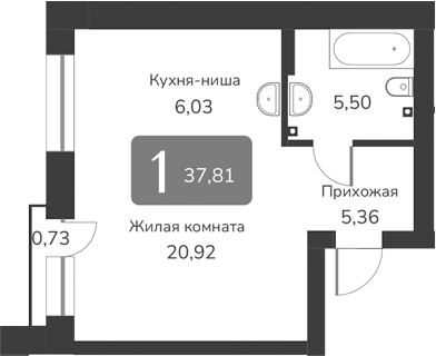 Планировка — Марсель-2, 1-комн., 38 м²
