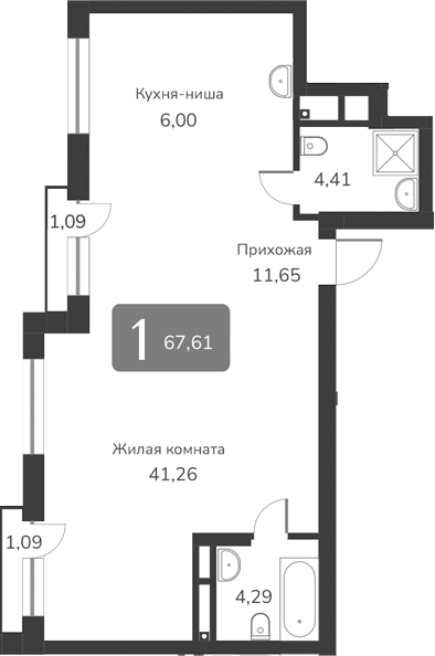 Планировка — Марсель-2, 1-комн., 68 м²