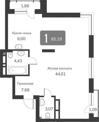 Планировка — Марсель-2, 1-комн., 65 м²