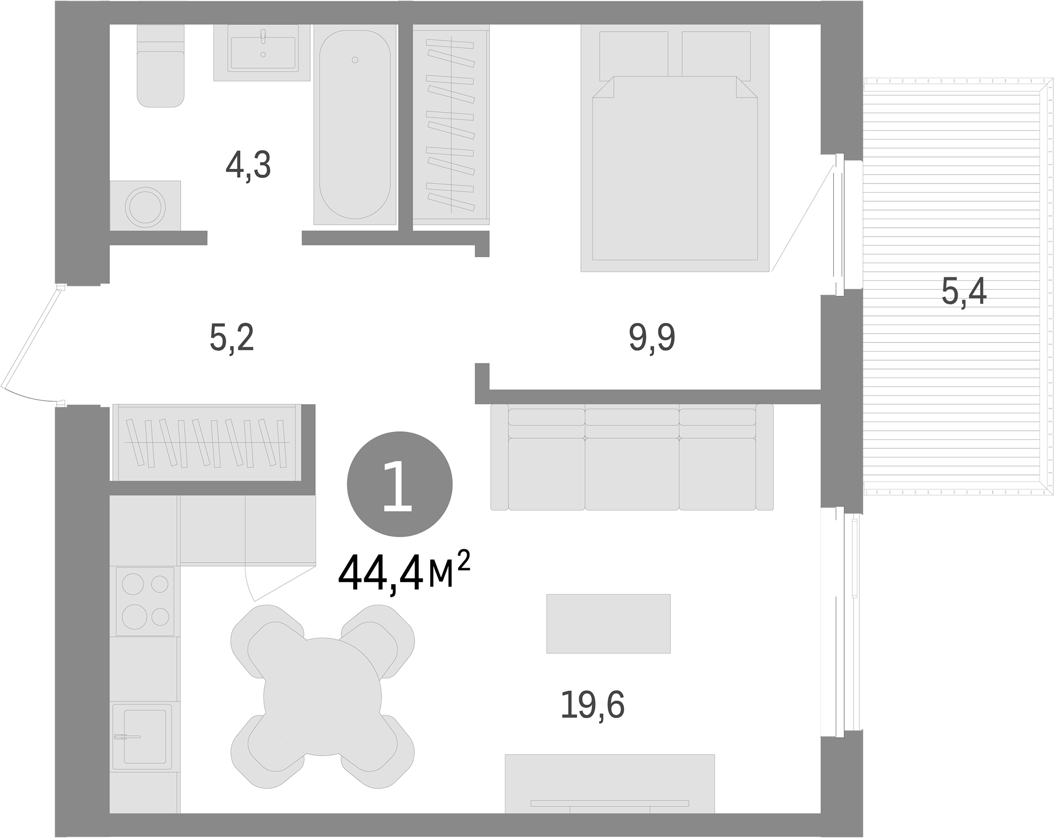 Планировка — Пшеница, 2-комн., 39 м²