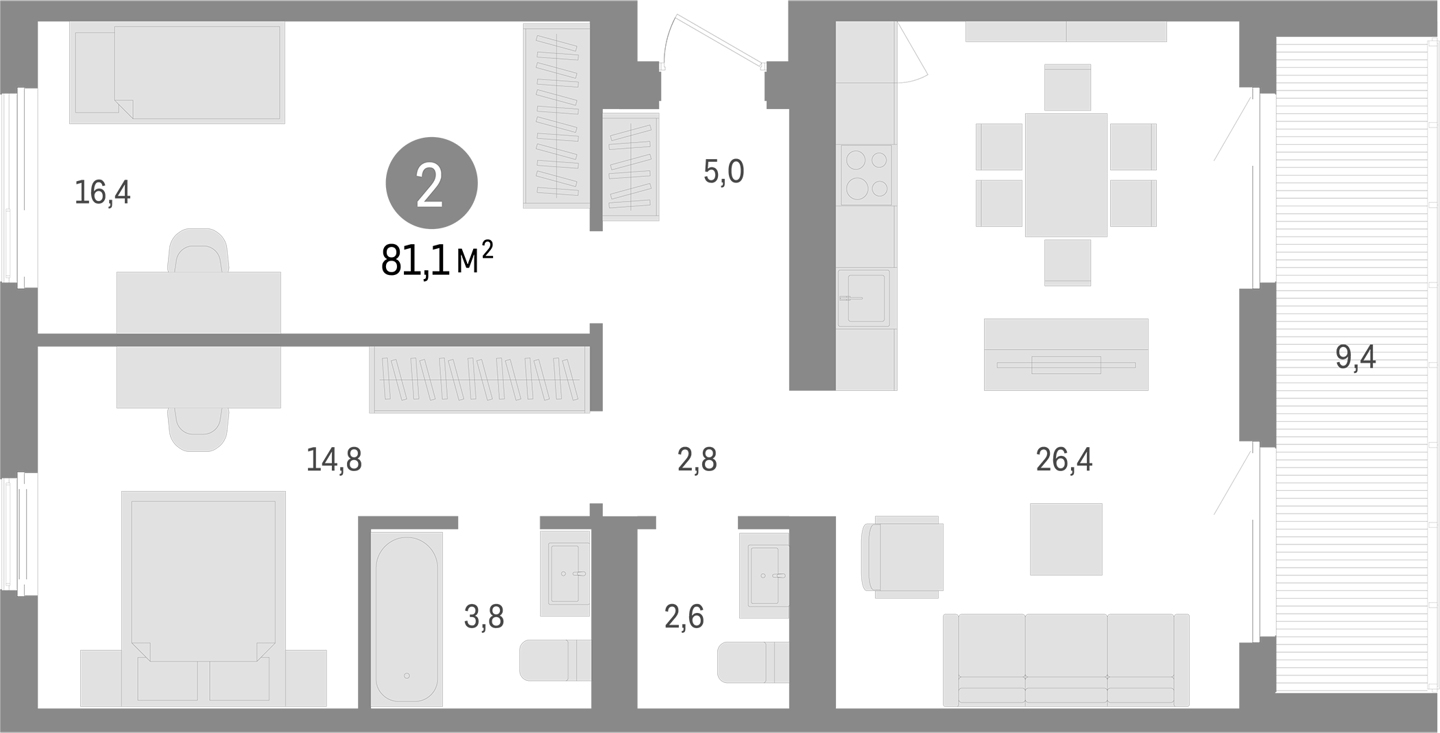 Планировка — Пшеница, 3-комн., 72 м²